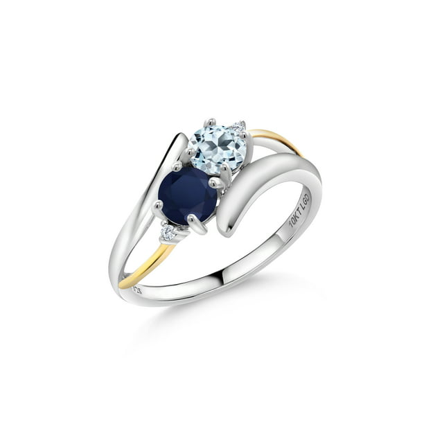1.32 Ct Round Blue Sapphire White Diamond 10K White Gold Engagement Ring